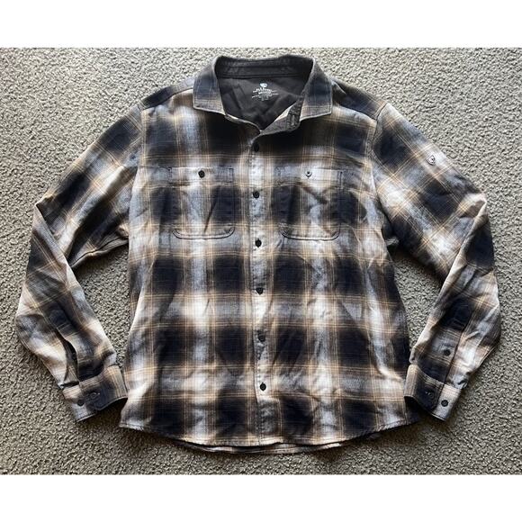 Kuhl The Law Flannel Shirt Brown Plaid Long Sleeve Button Down Men's Medium READ - Picture 1 of 9